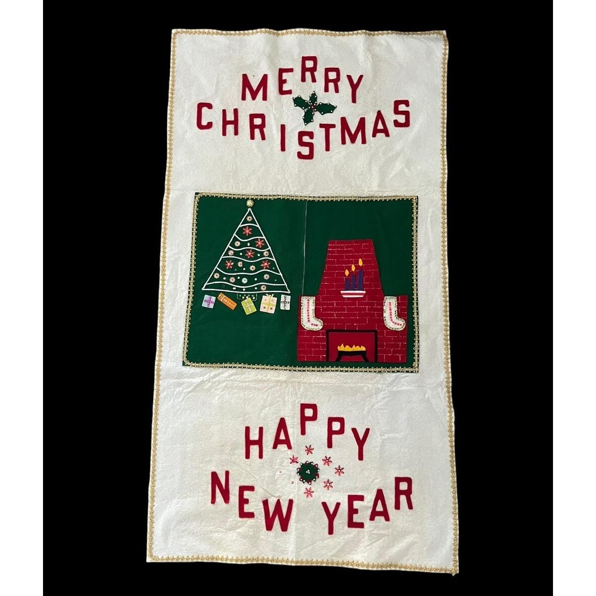 VTG 60s Handmade Felt Merry Christmas Happy New Year Wall Hanging…