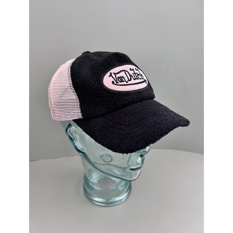 VTG Von Dutch Y2K 90s Pink & Black Terrycloth Mesh Snapback Trucker Hat KOREA image 2