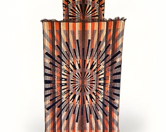 Vintage 70s Towel & Washcloth Brown Orange Geometric SUN / Starburst Fringe MCM