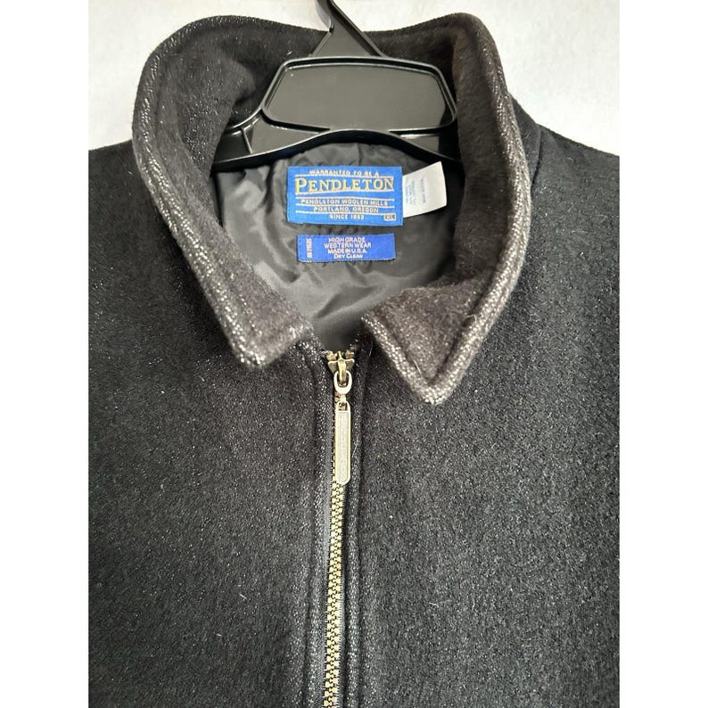 Vintage Pendleton Wool Jacket Zip Up Front Black W/ Stripes on Back USA Mens XL image 9