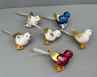 Lot Of Vintage Glitter Long-tailed Bird Clip on Christmas Ornaments Foil Wings