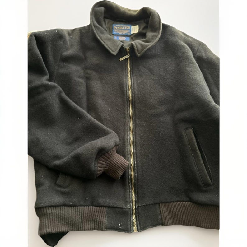 Vintage Pendleton Wool Jacket Zip Up Front Black W/ Stripes on Back USA Mens XL image 15