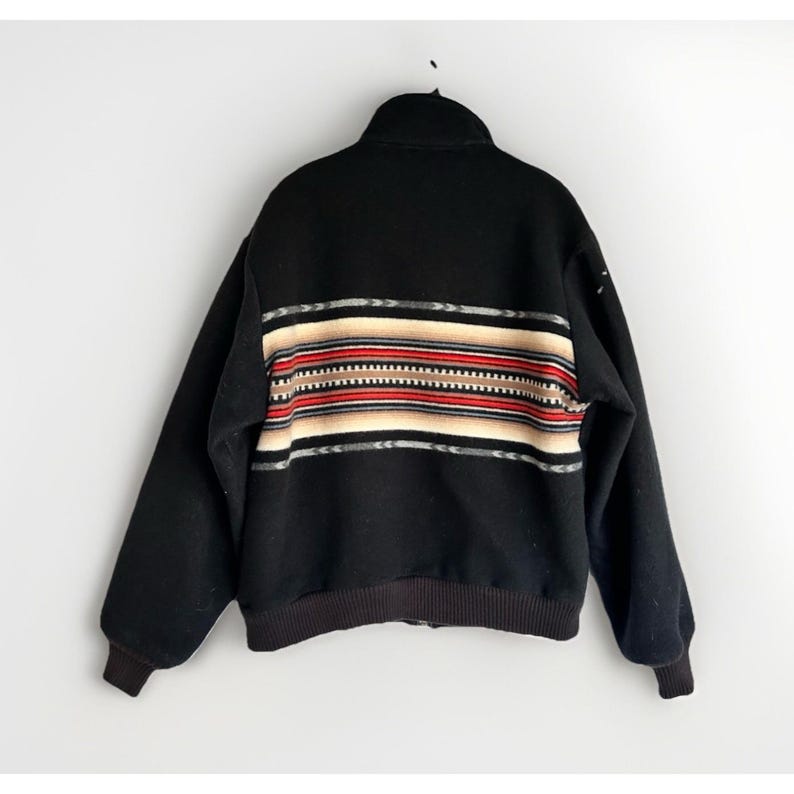 Vintage Pendleton Wool Jacket Zip Up Front Black W/ Stripes on Back USA Mens XL image 2