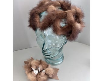 Vintage 50s Mink Brown Fur Opera Fascinator Hat Headband & Fur Hair Clip W/bow