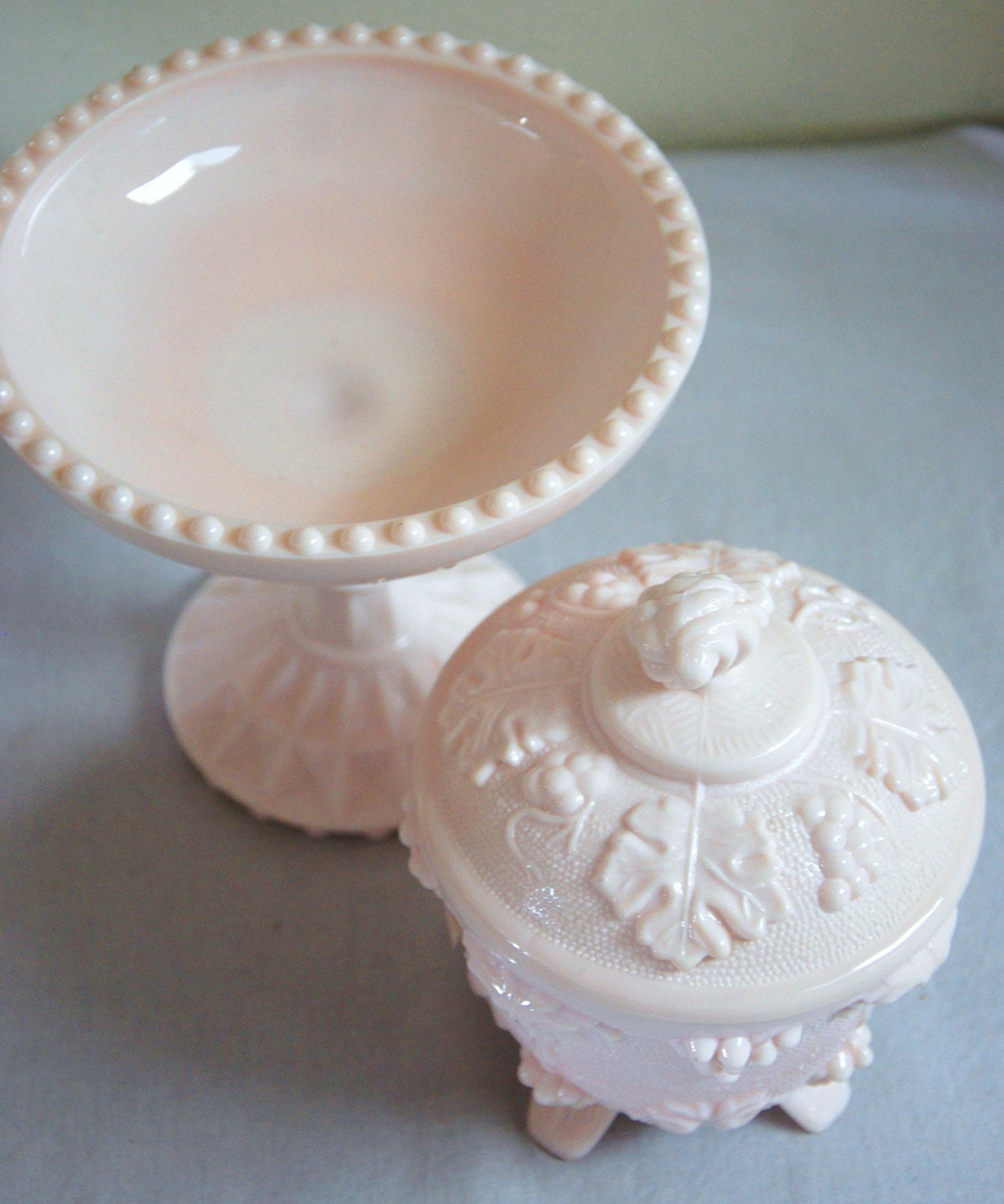 PRETTY IN PINK / Milk Glass COVERED CANDY DISH and COMPOTE Etsy