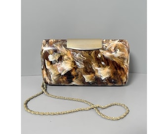 SAKS FIFTH AVENUE Vintage Marbled Lucite Handbag Clutch Purse Chain Strap Italy