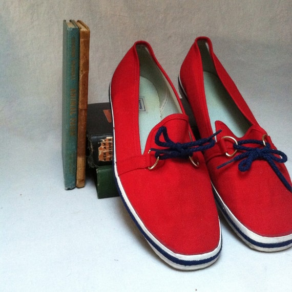 Items similar to Vintage RED BOAT SHOES / Nautical Canvas Deck Loafers