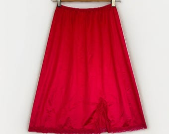 Vintage Samye Half Slip Skirt Red Nylon Lace Hem Coquette Vamp Burlesque Sz S