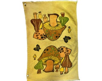 Vintage Cannon Mushroom Butterfly Hand Towel Yellow 60s 70s MCM Groovy Hippie