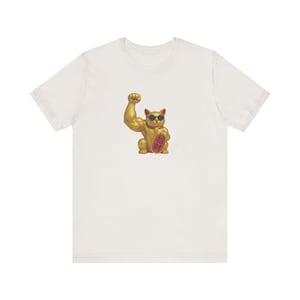 Buff Golden Maneki-neko T-shirt | Japanese Lucky Cat with Strong Arm | Humorous Graphic Tee