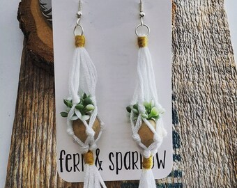 Cute Macrame Plant Hanger Earrings with Mustard Accents