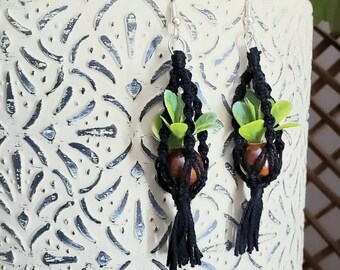 Black Macrame Plant Hanger Earrings