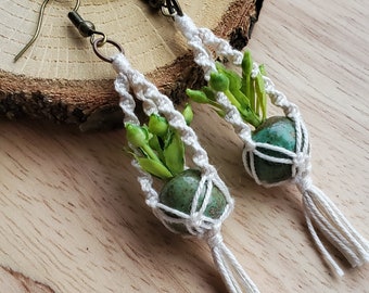 Green Ceramic Miniature Boho Macrame Plant Hanger Earrings