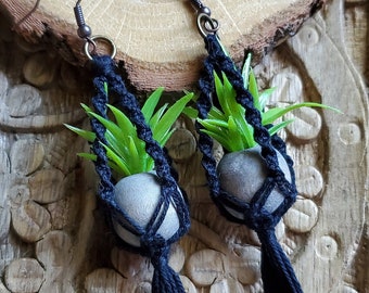 Black Miniature Macrame Plant Hanger Earrings