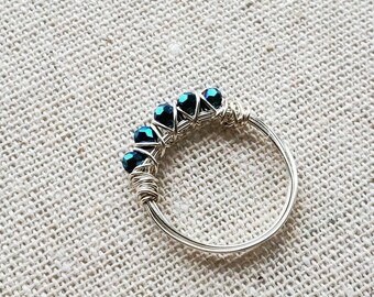 Silver Wire Wrapped Ring with Deep Blue Faceted Glass Beads