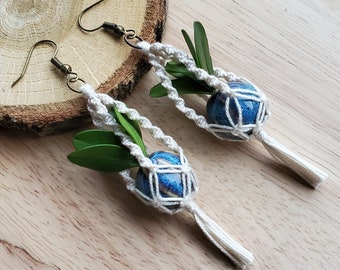 Miniature Macrame Boho Ceramic Plant Hanger Earrings
