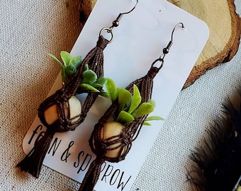 Miniature Macrame Plant Hanger Earrings