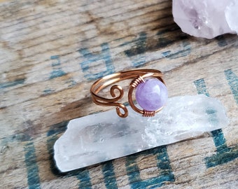 Copper Wire Wrapped Adjustable Ring with Lavender Jade Gemstone