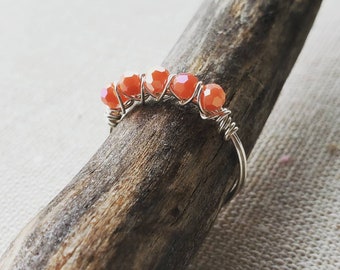 Silver Wire Wrapped Ring with Pink Faceted Glass Beads