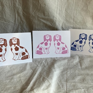 Staffordshire Pottery Dogs Lino Cut Hand Printed Blank Cartão de felicitações, cartão reciclado