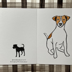 Cartão de felicitações de cachorro Jack Russell em linóleo impresso e pintado à mão
