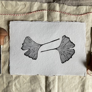 Gingko Biloba Leaves Linocut Print on Cotton Rag Paper