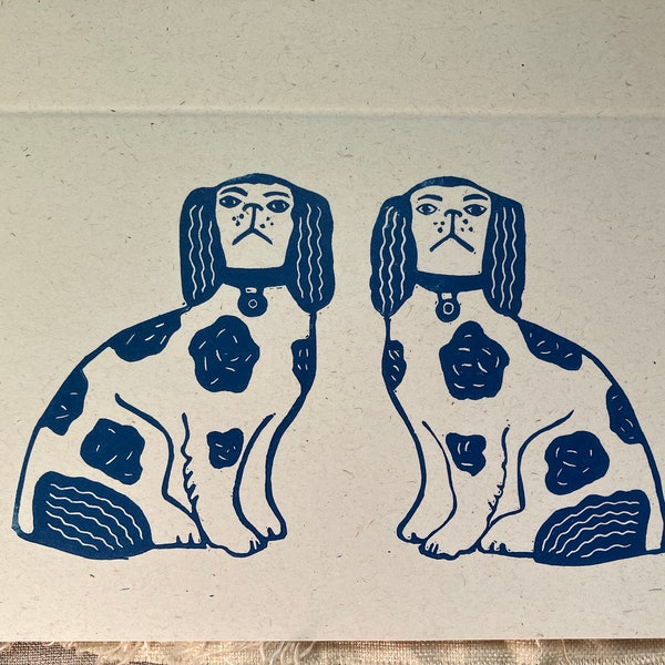 Staffordshire Potttery Dogs Lino Cut Hand Printed Blank Greeting Card, Recycled Card