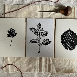 Set of 3 Handprinted Linocut Greeting Cards - Leaves