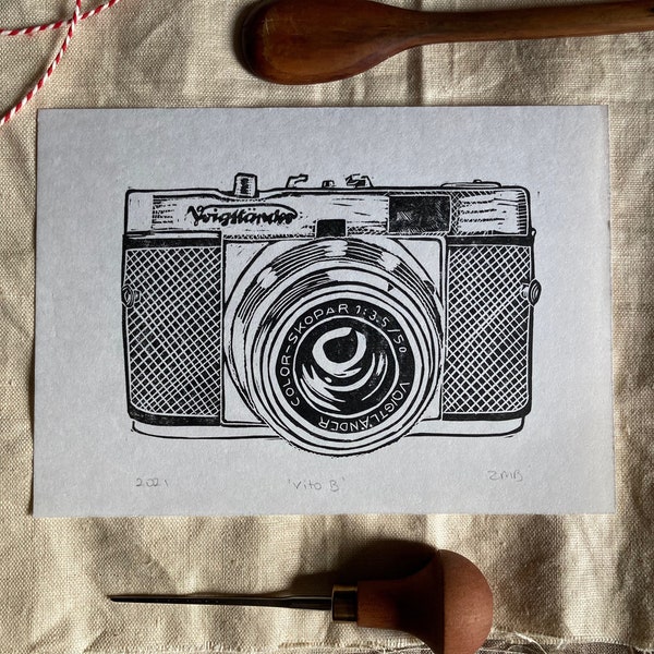 Voigtlander Vito B Vintage Camera Hand Printed Linocut