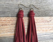 Red Tassel Drop Earrings in Deep Brick Jewel Tone Faux Suede Leather - 3 quot Long Tassel Dangle Earrings
