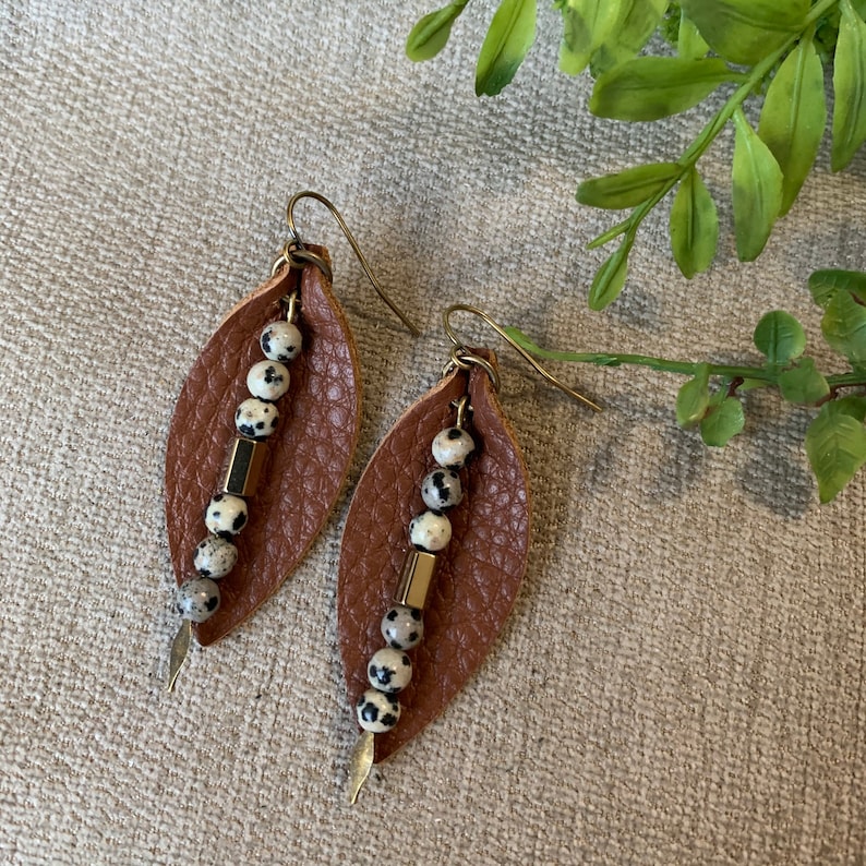 Leather Earrings with Natural Stone Dangle Brown Leather Petal with Dalmatian Jasper Earrings Boho Stone Earrings Gift for Her