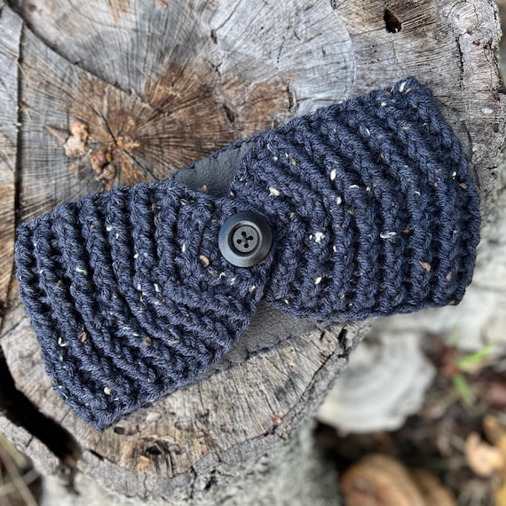 Blue Tweed Ear Warmer: Fleece Lined Chunky Knit Warm Winter  display picture 1
