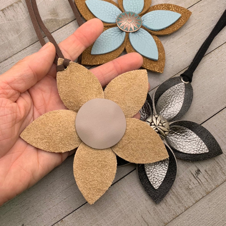 Leather Flower Bag Charm Large Flower With Loop Dark Brown Etsy