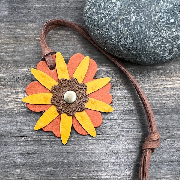 Small Leather Flower Purse Charm - Orange, Yellow and Brown - Gift Under 15