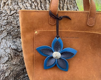 Leather Flower Bag Charm - Large Flower with Loop - Blue Flower Purse Flair  - Gift for Her, Mother's Day