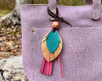 Leather Feather Tassel Bag Charm - Pink, Orange and Turquoise