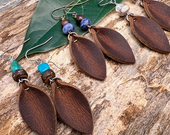 Leather Petal and Natural Stone Dangle Earrings - Spring Colors