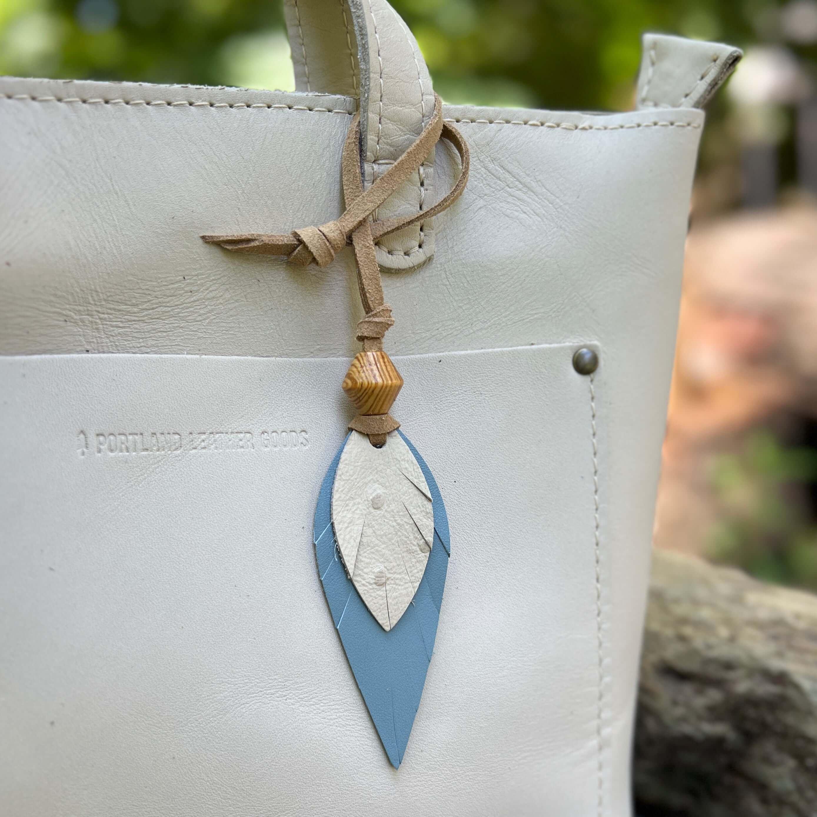 Leather Feather Bag Charm in Steel Blue and Beige