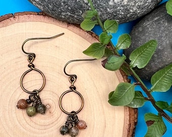 Tiny Hoop Earrings in Vintage Bronze with Autumn Jasper - Lightweight Dangle Hoop Earrings for Women Gift Under 25