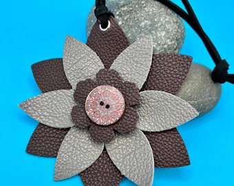 Leather Flower Purse Charms - Deluxe Flower in Gray and Purple Charm for Handbag, Purse or Tote