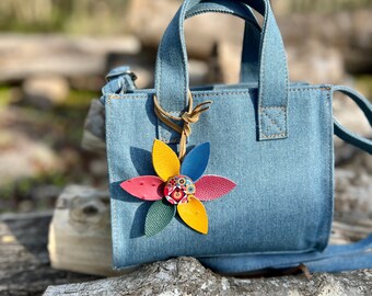 Leather Flower Bag Charm with Tote Loop  - Multi Bright Colorful Purse Flair