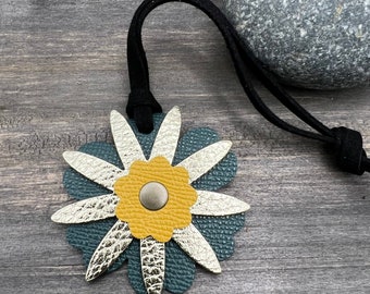 Small Leather Flower Purse Charm - Teal, Gold and Yellow Bag Charm - Gift for Her under 15