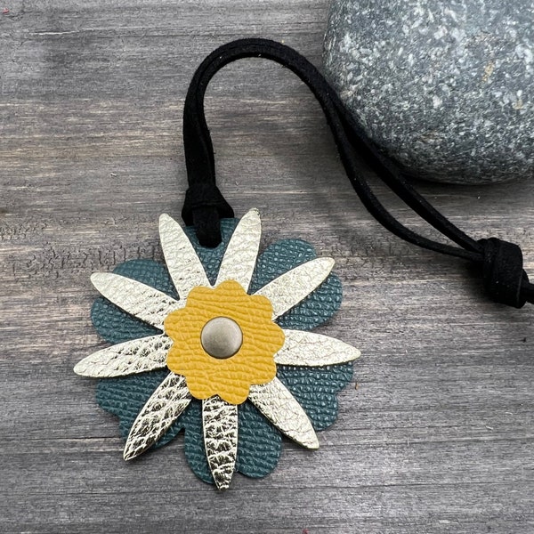 Small Leather Flower Purse Charm - Teal, Gold and Yellow Bag Charm - Gift for Her under 15