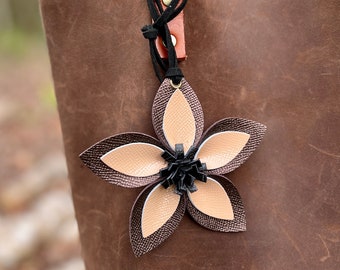 Leather Flower Bag Charm - Large Flower with Loop -Brown Metallic, Cream and Black