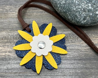 Small Leather Flower Purse Charm - White, Yellow, Blue Shimmer - Gift  under 15