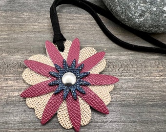 Small Leather Flower Purse Charm -  Pink, Rose Gold and Blue Leather Dangle Charm for Handbags, Bags and Totes