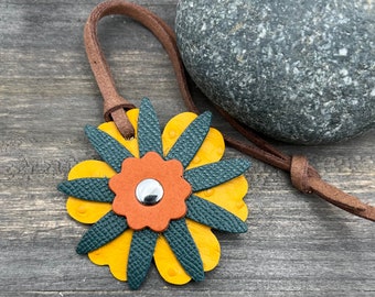 Small Leather Flower Purse Charm - Deep Teal, Yellow and Orange Leather Bag Charm - Stocking Stuffer Gift Under 15