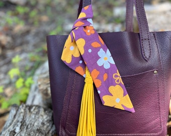 Spring Floral Scarf - Hippie Flowers in Purple, White, Orange and Yellow - Purse Scarf, Headband or Hair bow