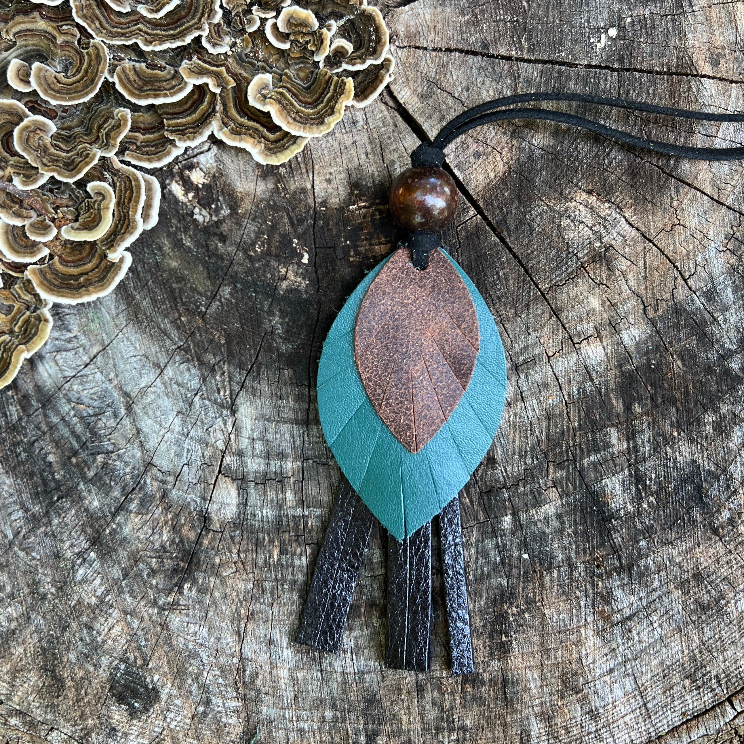 Leather Feather Tassel Bag Charm - Black, Jade and Brown