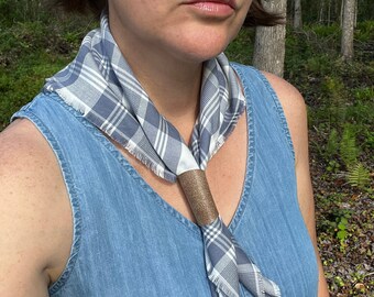 Spring Plaid Bandana Scarf with Leather Slide